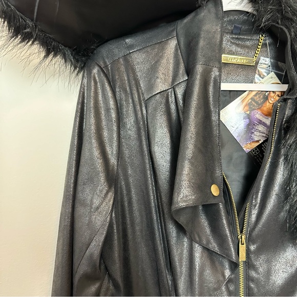 NWT IMAN Moto Jacket Faux Suede Fur Collar Zip Black Vegan Coat Large - Picture 6 of 13